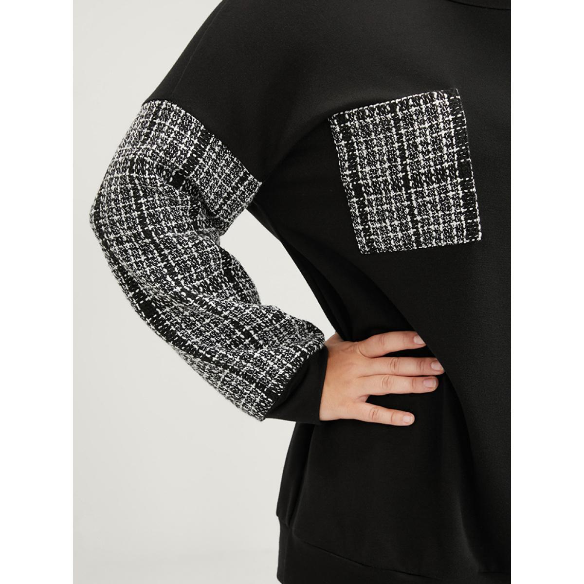 Plus Size Colorblock Contrast Pocket Raw Trim Drop Shoulder Sweatshirt Women Black Casual Patchwork Round Neck Dailywear Sweatshirts BloomChic 10/M Product Image