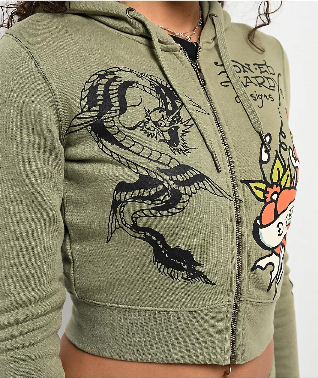 Ed Hardy Dragon Dagger Olive Crop Zip Hoodie Product Image