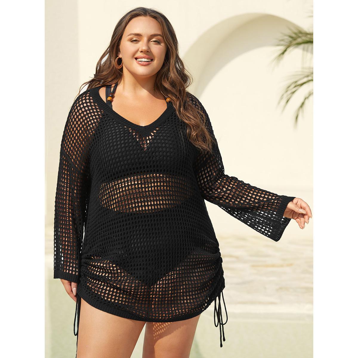 Plus Size Side Drawstring Cut-Out Swim Cover-Up Women's Swimwear Black Curve Swim Cover Ups BloomChic 18-20/2X Product Image
