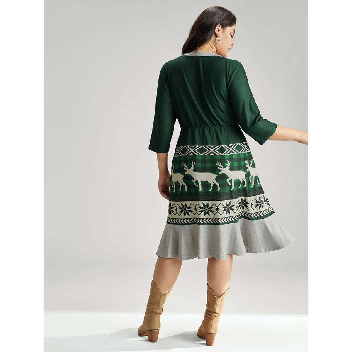 Plus Size Christmas Elk Elastic Waist Patchwork Button Detail Dress DarkGreen Women Casual Printed V-neck Elbow-length sleeve Curvy Midi Dress BloomChic 10/M Product Image