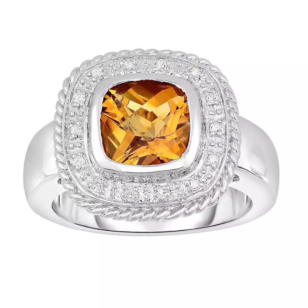 Sterling Silver Citrine & Diamond Cushion Halo Ring, Womens Product Image