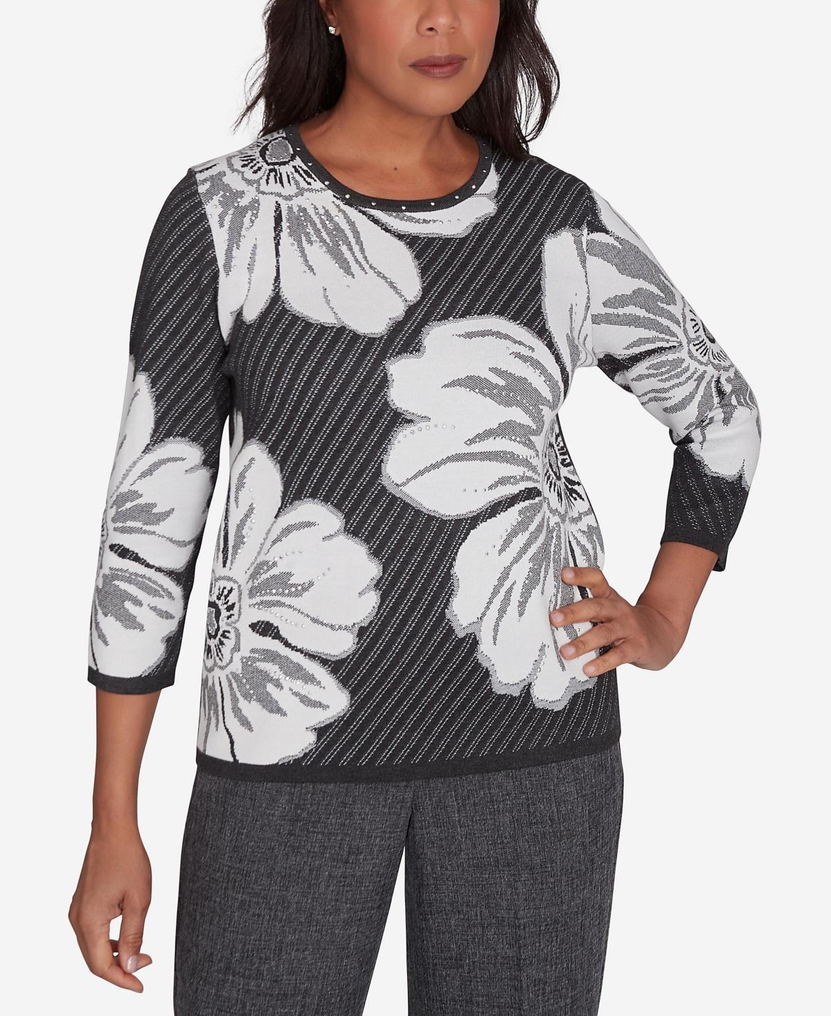Women's Alfred Dunner Floral Textured Sweater, Size: Medium, Grey Product Image