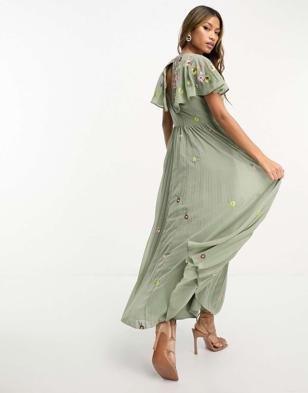ASOS DESIGN v-neck angel sleeve pleat midi dress with all over embroidery Product Image