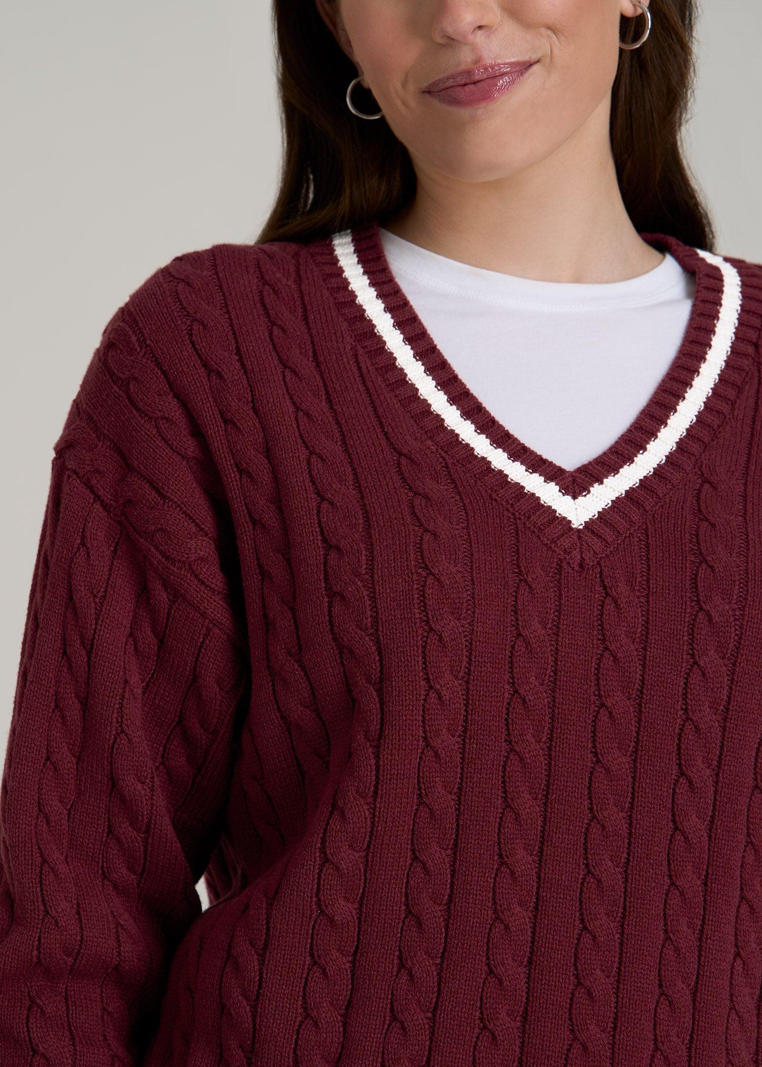 V-Neck Collegiate Sweater for Tall Women in Red Ochre and Winter White Product Image