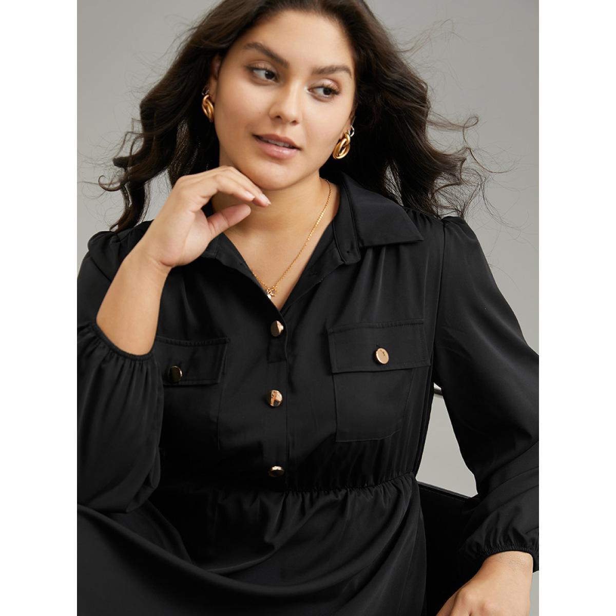 Plus Size Static-Free Plain Button Detail Lantern Sleeve Dress Black Women Office Elastic cuffs Shirt collar Long Sleeve Curvy Midi Dress BloomChic 28/5X Product Image