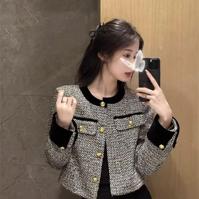 Crew Neck Contrast Trim Button-Up Tweed Crop Jacket Product Image