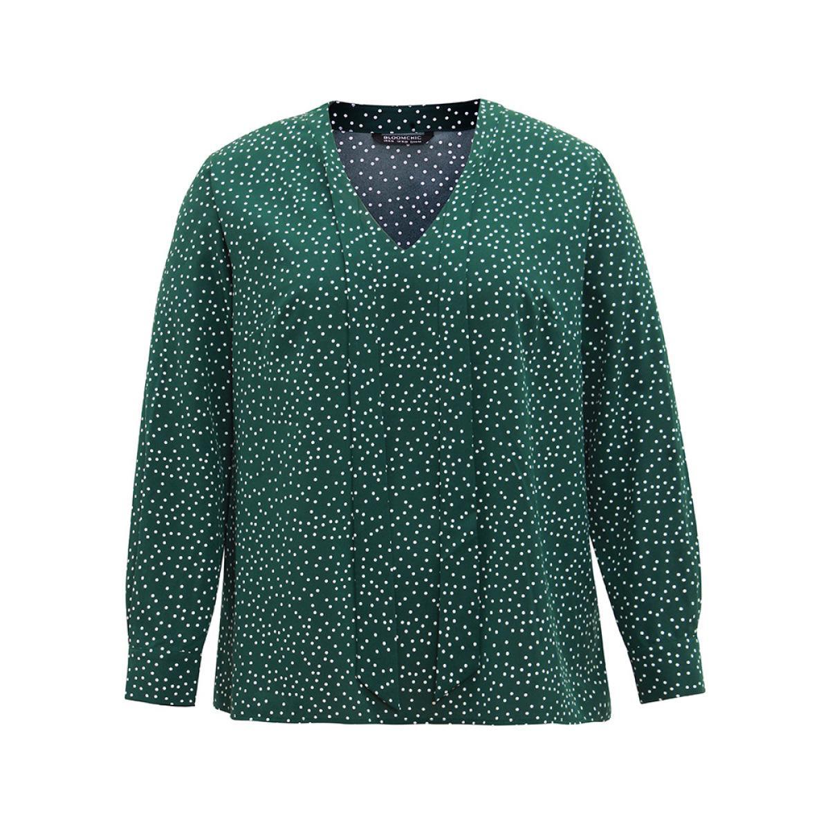 Plus Size Cyan Polka Dot V Neck Ties Knot Blouse Women Office Long Sleeve V-neck Work Blouses BloomChic 12/L Product Image