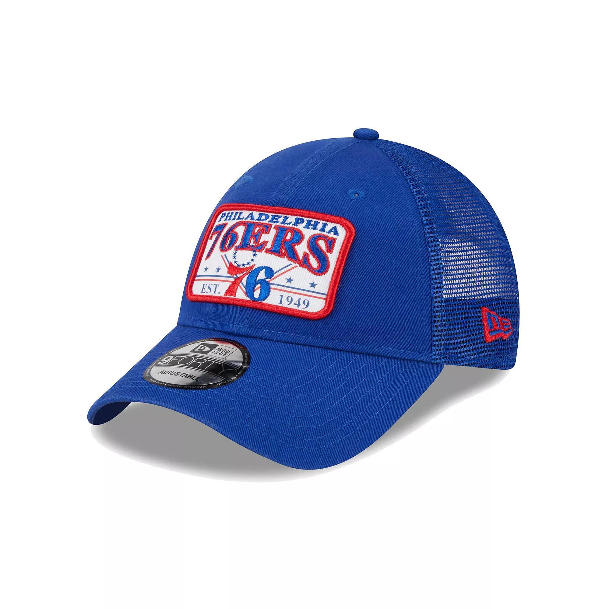 Men's New Era  Royal Philadelphia 76ers Plate Oversized Patch Trucker 9FORTY Adjustable Hat, 76r Blue Product Image