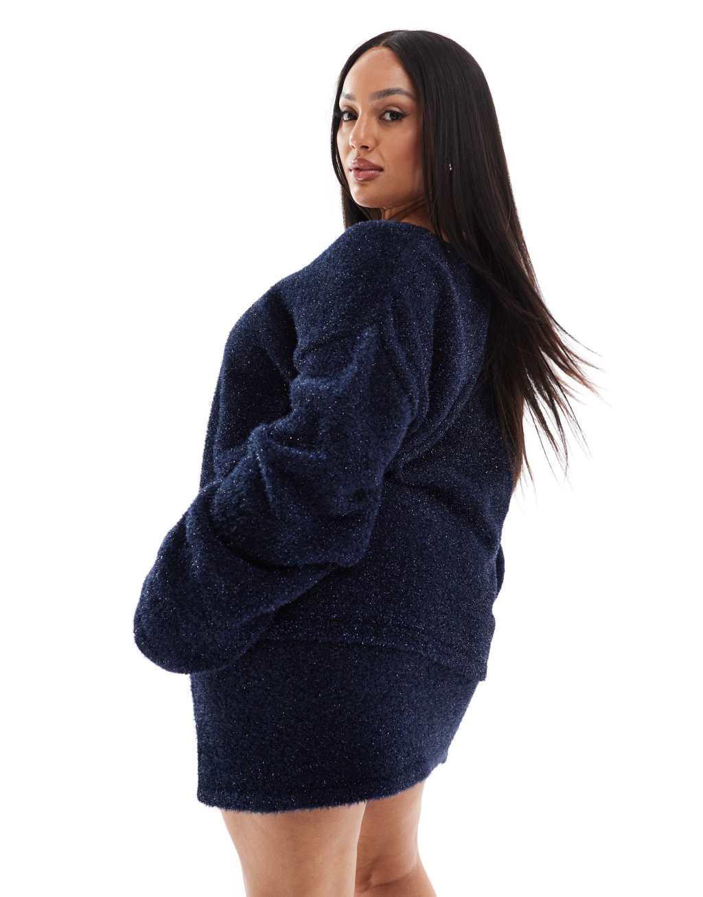 4th & Reckless Plus metallic tinsel V-neck sweater in navy - part of a set Product Image