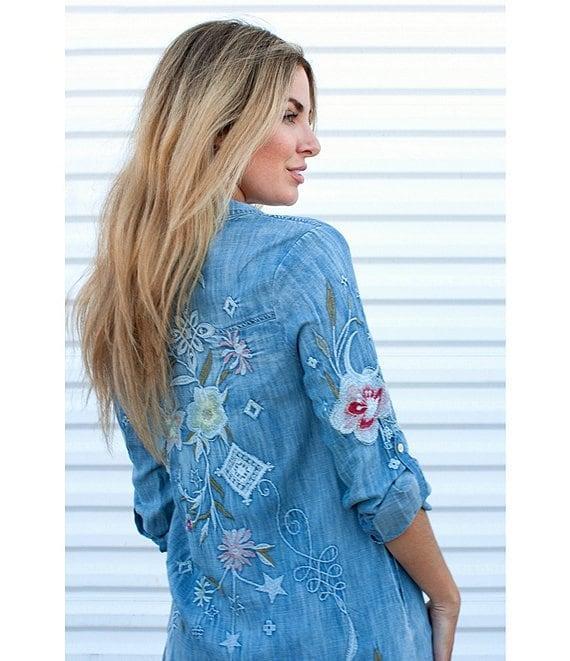 Karyn Seo Isa Floral Embroidered Spread Collar Roll-Tab Long Sleeve Button Front Midi Shirt Dress Product Image