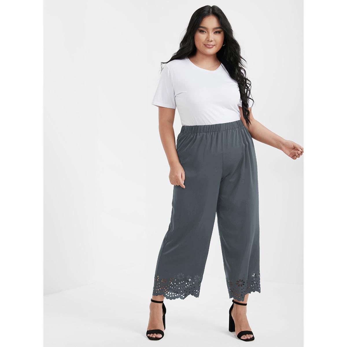 Plus Size Broderie Anglaise Elastic Waist Loose Pants Women SlateGray Elegant Loose High Rise Dailywear Pants BloomChic 12/L Product Image