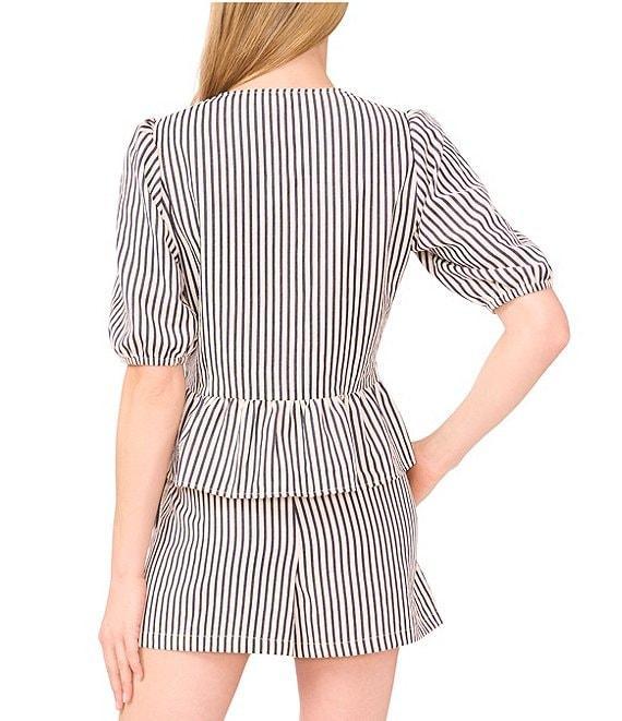 CeCe Coordinating Woven Striped Crew Neck Short Puff Sleeve Tie Peplum Top Product Image