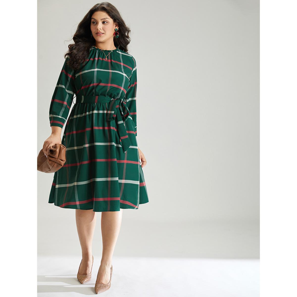 Plus Size Plaid Stand Collar Gathered Belted Dress Multicolor Women Office Printed Stand-up collar Elbow-length sleeve Curvy Midi Dress BloomChic 14-16/1X Product Image