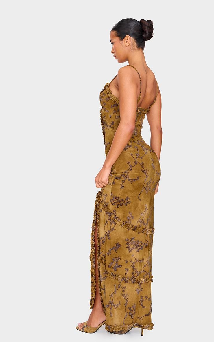 Green Floral Printed Devore Cut Out Cami Split Hem Maxi Dress Product Image