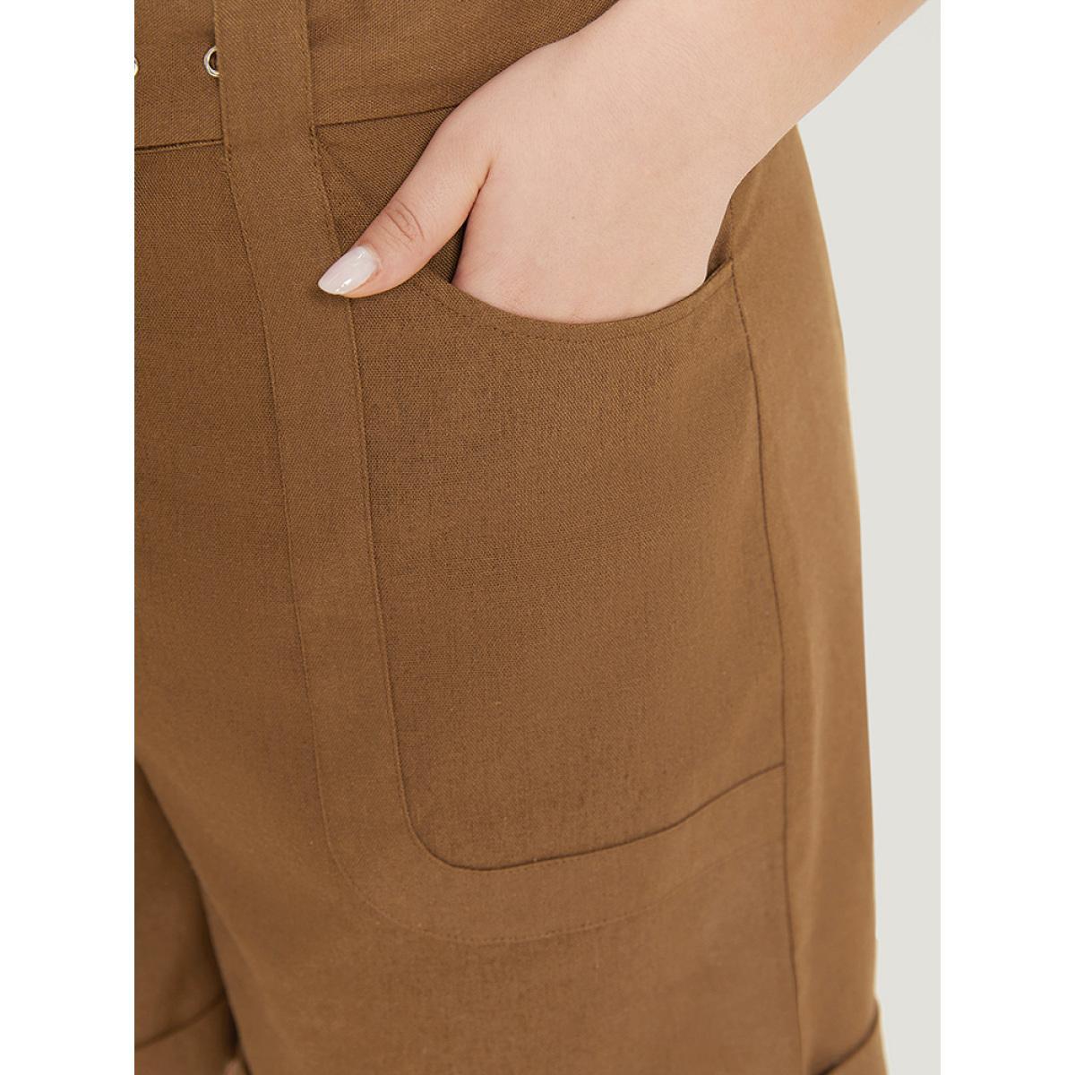 Plus Size Solid Pocket Belted Roll Hem High Rise Shorts Women DarkBrown Office Belted Work Shorts BloomChic 22-24/3X Product Image