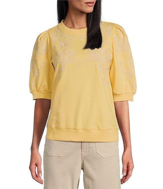 Nurture by Westbound Knit Crew Neck Floral Embroidered Elbow Sleeve Top Product Image