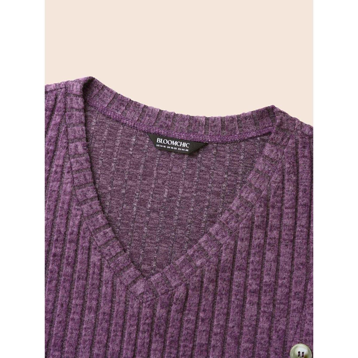 Plus Size V Neck Button Detail Rib Knit T-shirt Mauve Women Elegant Texture V-neck Everyday T-shirts BloomChic 12/L Product Image