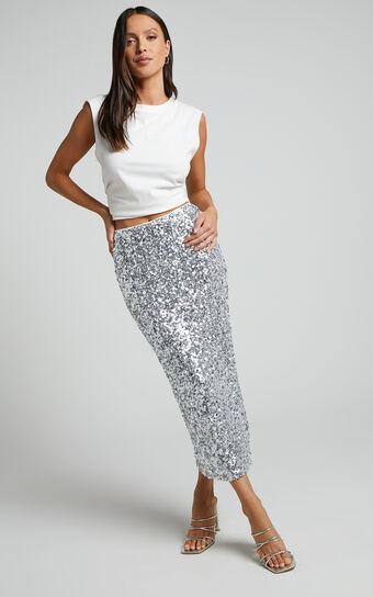 Hasley Midi Skirt - Sequin Bodycon Skirt in Silver Product Image