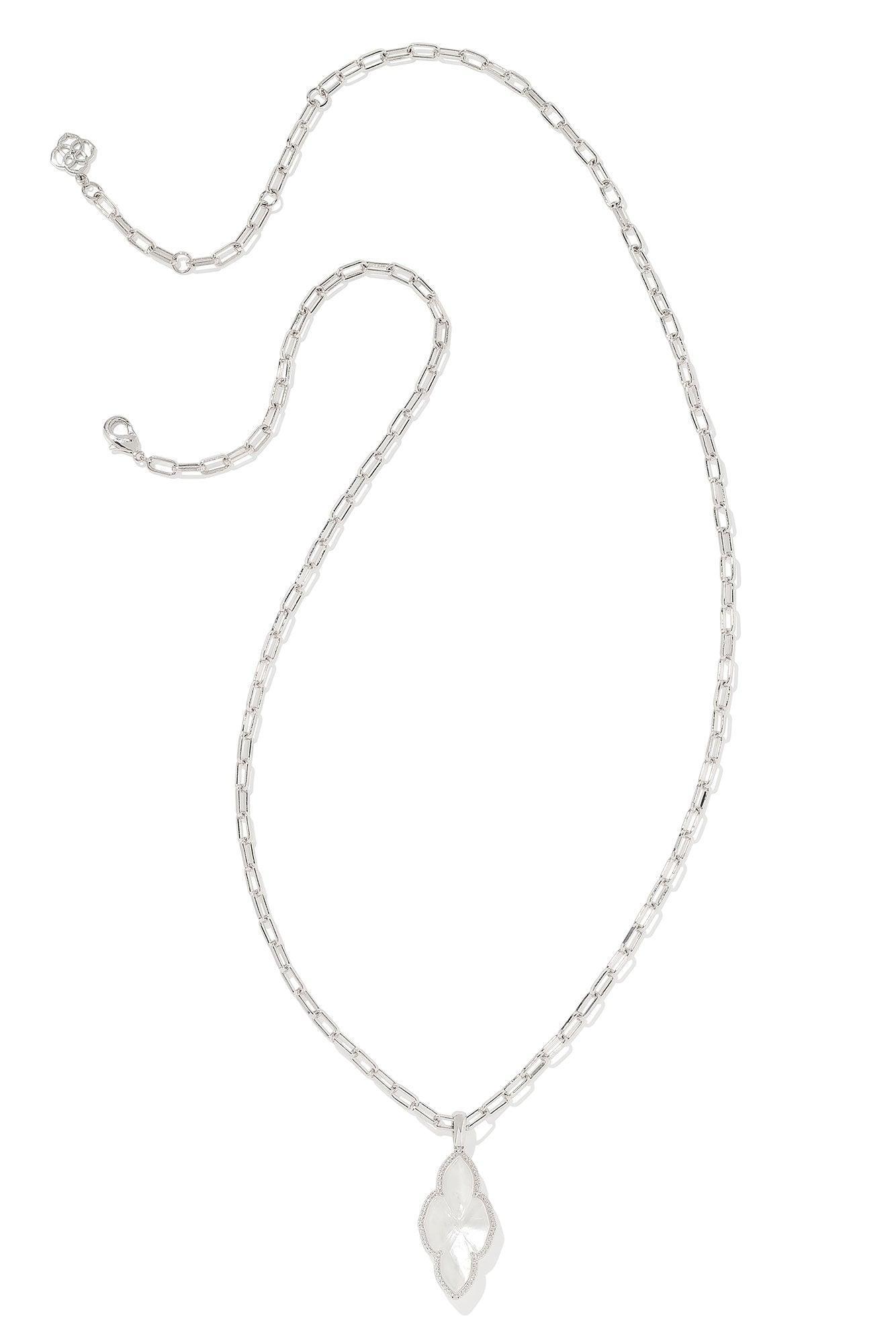 Abbie Silver Pave Frame Large Long Pendant Necklace Ivory Mother Of Pearl Product Image