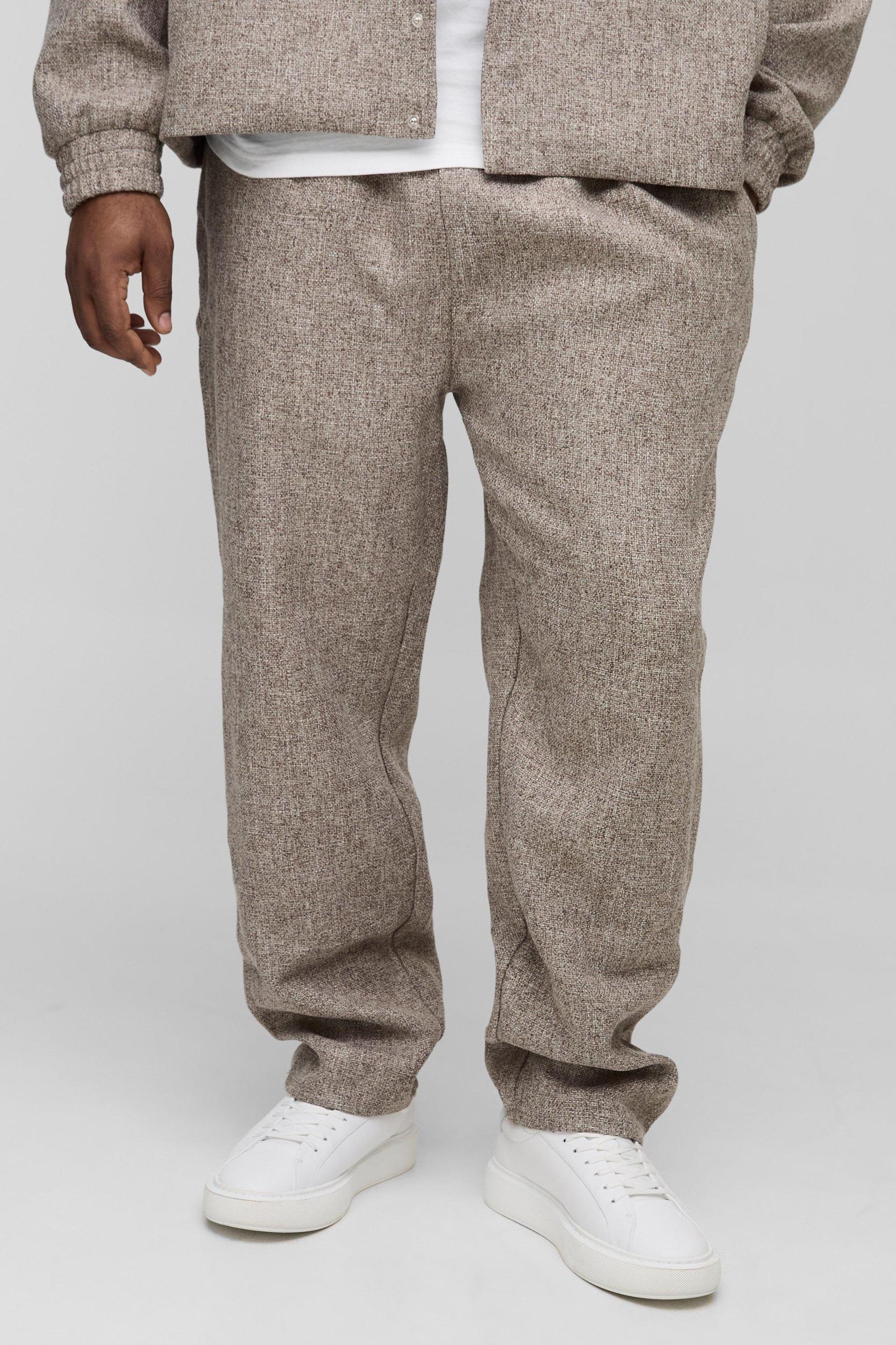 Mens Plus Straight Leg Boucle Elasticated Waist Pants - Beige Product Image