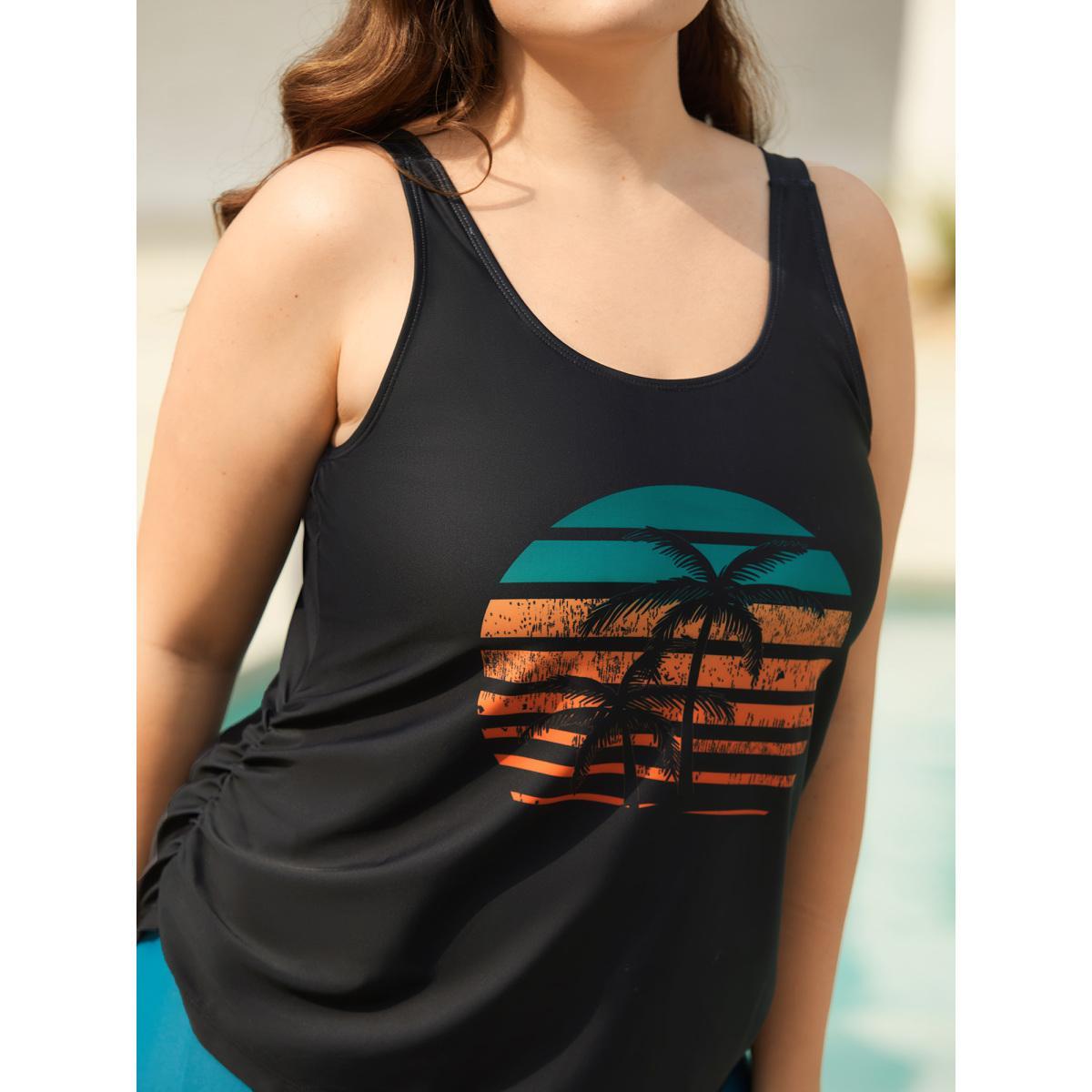 Plus Size Island Print Ruched Swim Top Women's Swimwear Black Beach Gathered High stretch Bodycon U-neck Curve Swim Tops BloomChic 26/4X Product Image