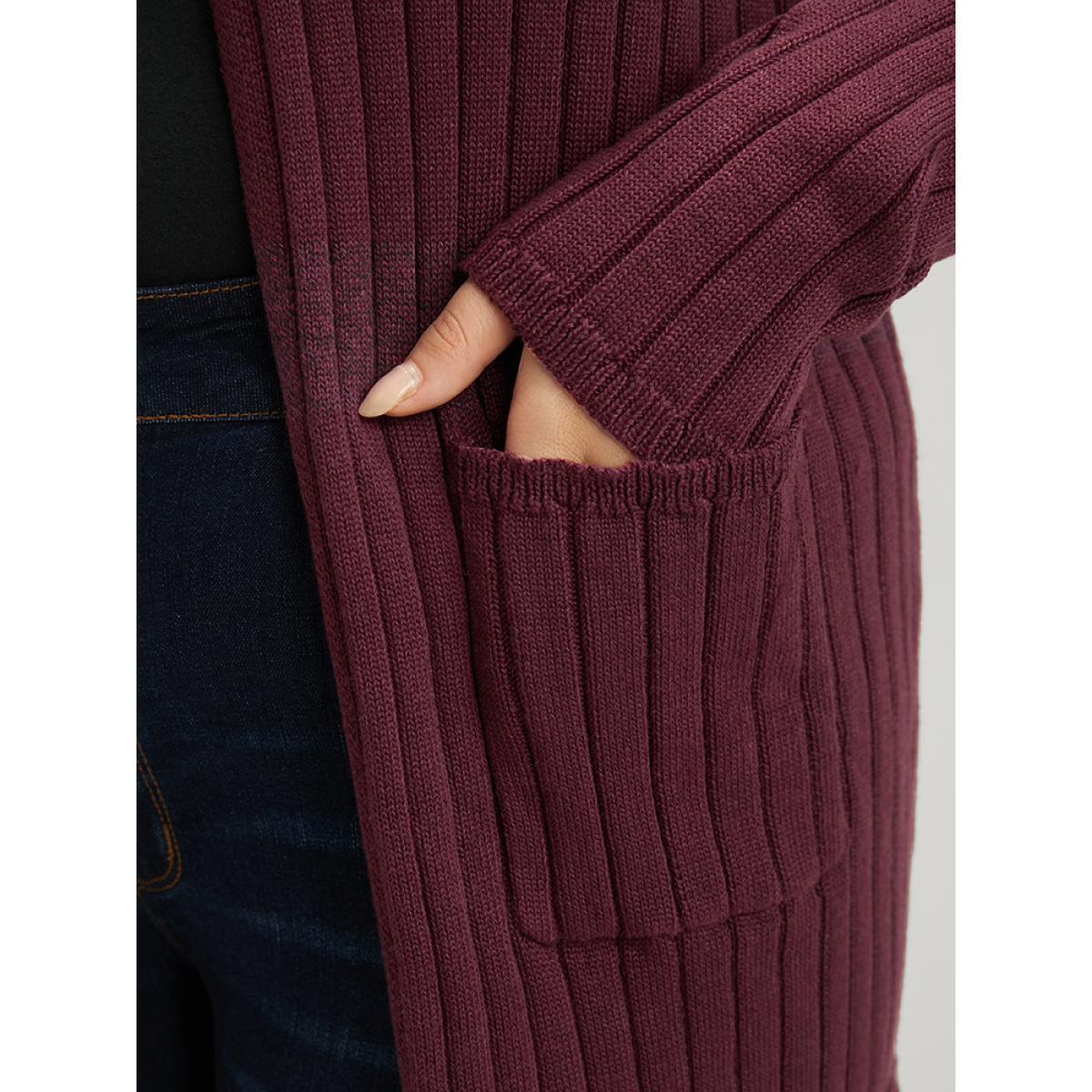 Plus Size Colorblock Contrast Super Soft Rib Knit Pocket Open Front Cardigan Burgundy Women Casual Long Sleeve Dailywear Cardigans BloomChic 10/M Product Image