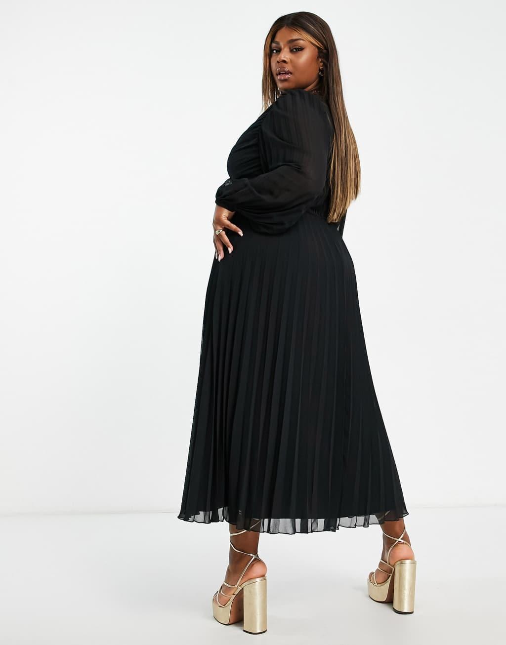 ASOS DESIGN Curve pleated bodice plunge neck midi dress in black Product Image
