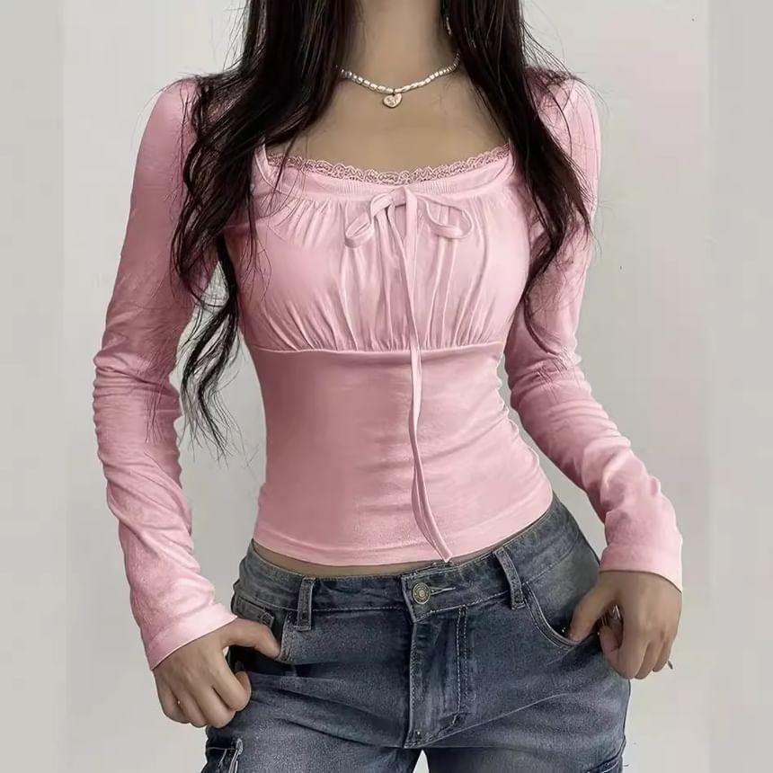 Long Sleeve Square-Neck Lace-Trim Ruched Plain Slim-Fit Crop Top Product Image