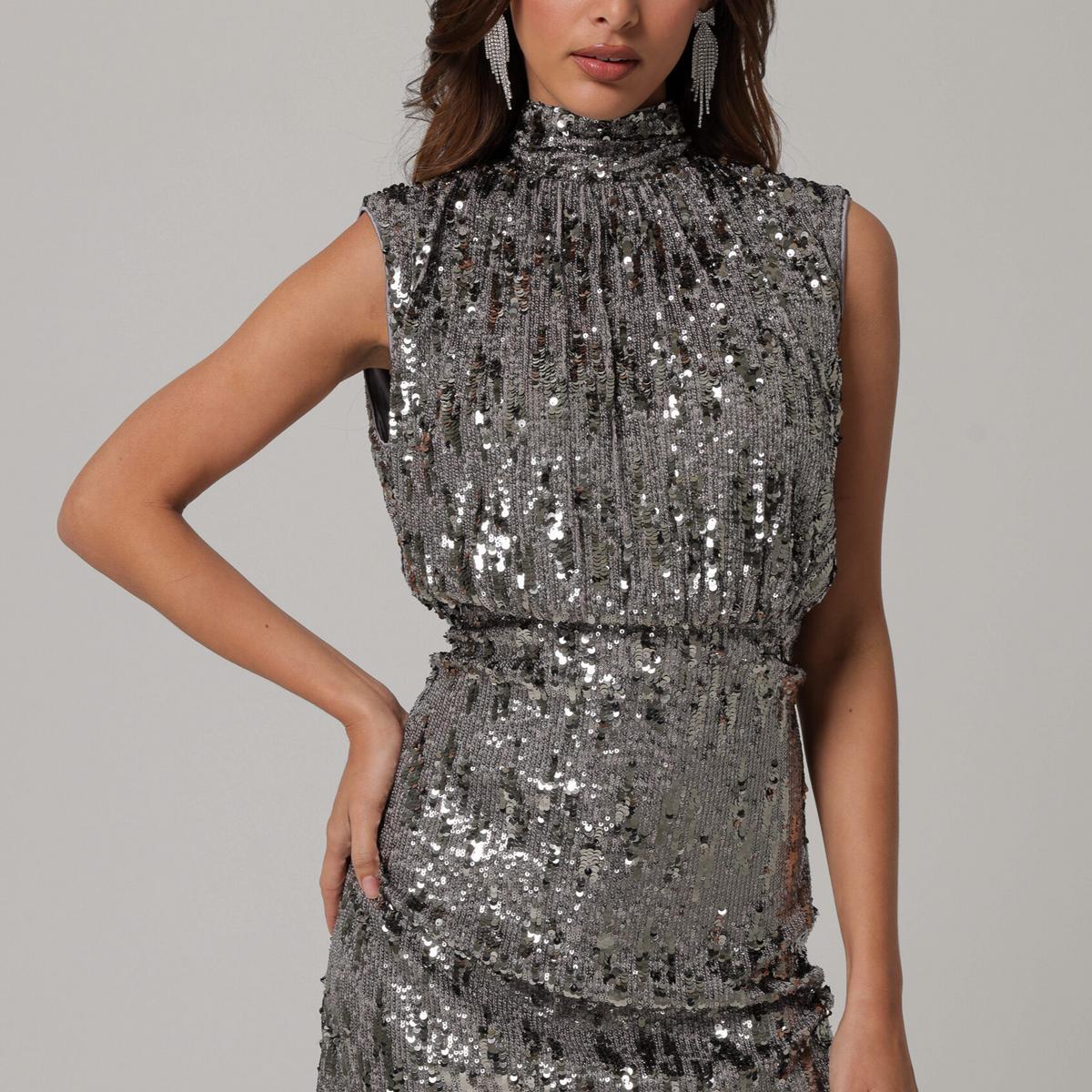 "Cache" Mock Neck Sequin Dress Product Image