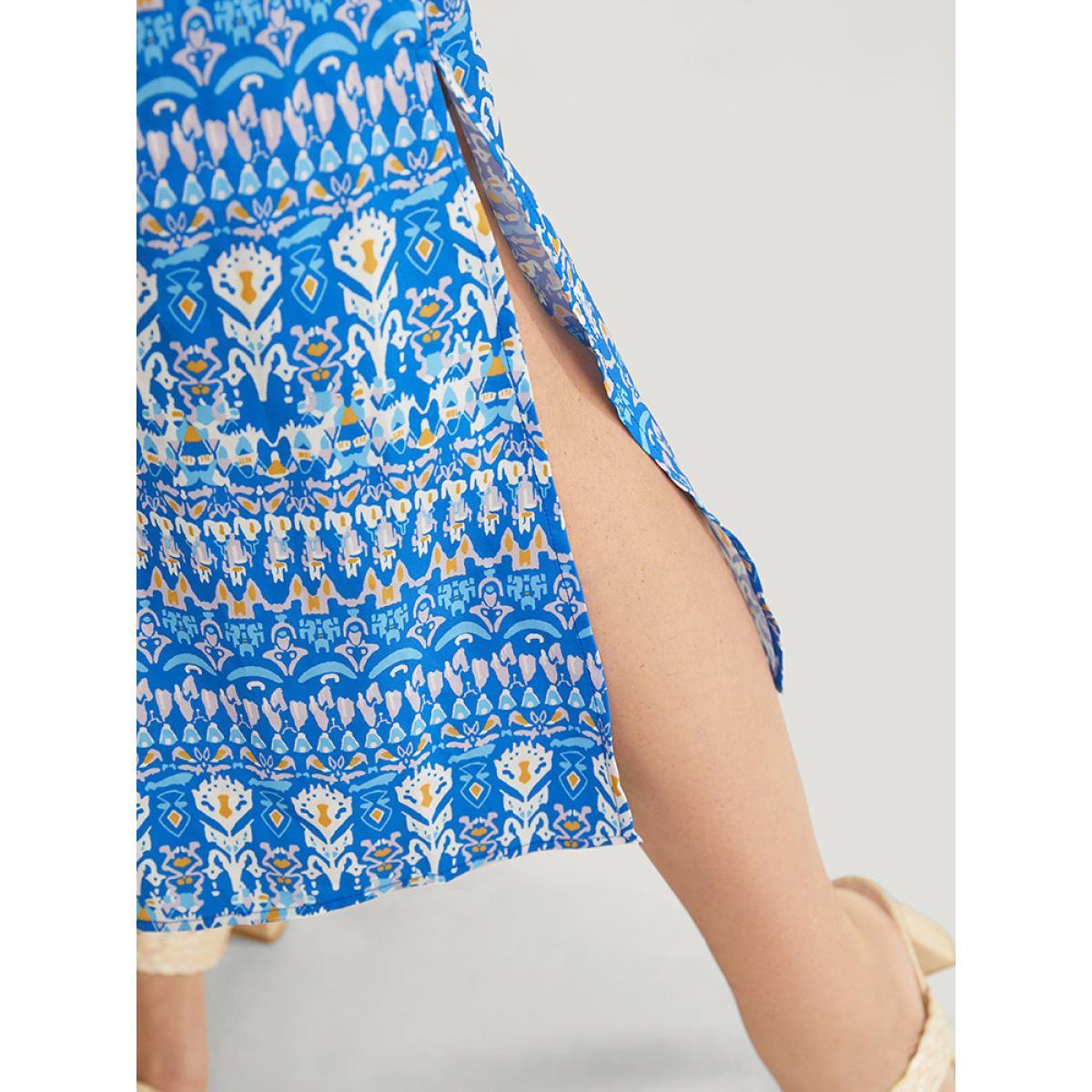 Plus Size Bandana Print Dolman Sleeve Knot Fringe Trim Split Dress Blue Women Vacation Tassels V-neck Short sleeve Curvy Midi Dress BloomChic 22-24/3X Product Image