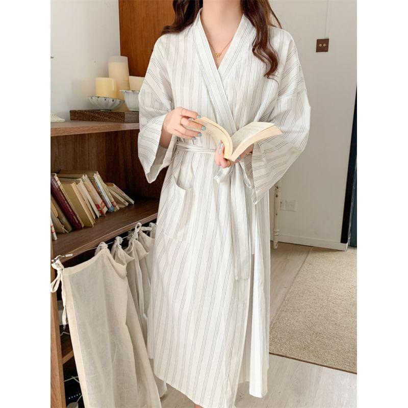 Couple Matching V-Neck Striped Tie Waist Pajama Robe Product Image