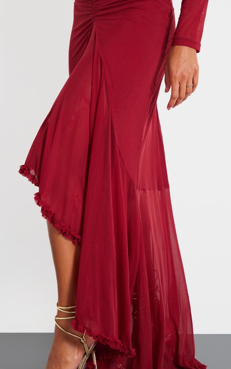 Burgundy Mesh Long Sleeve Frill Detail Cut Out Maxi Dress Product Image