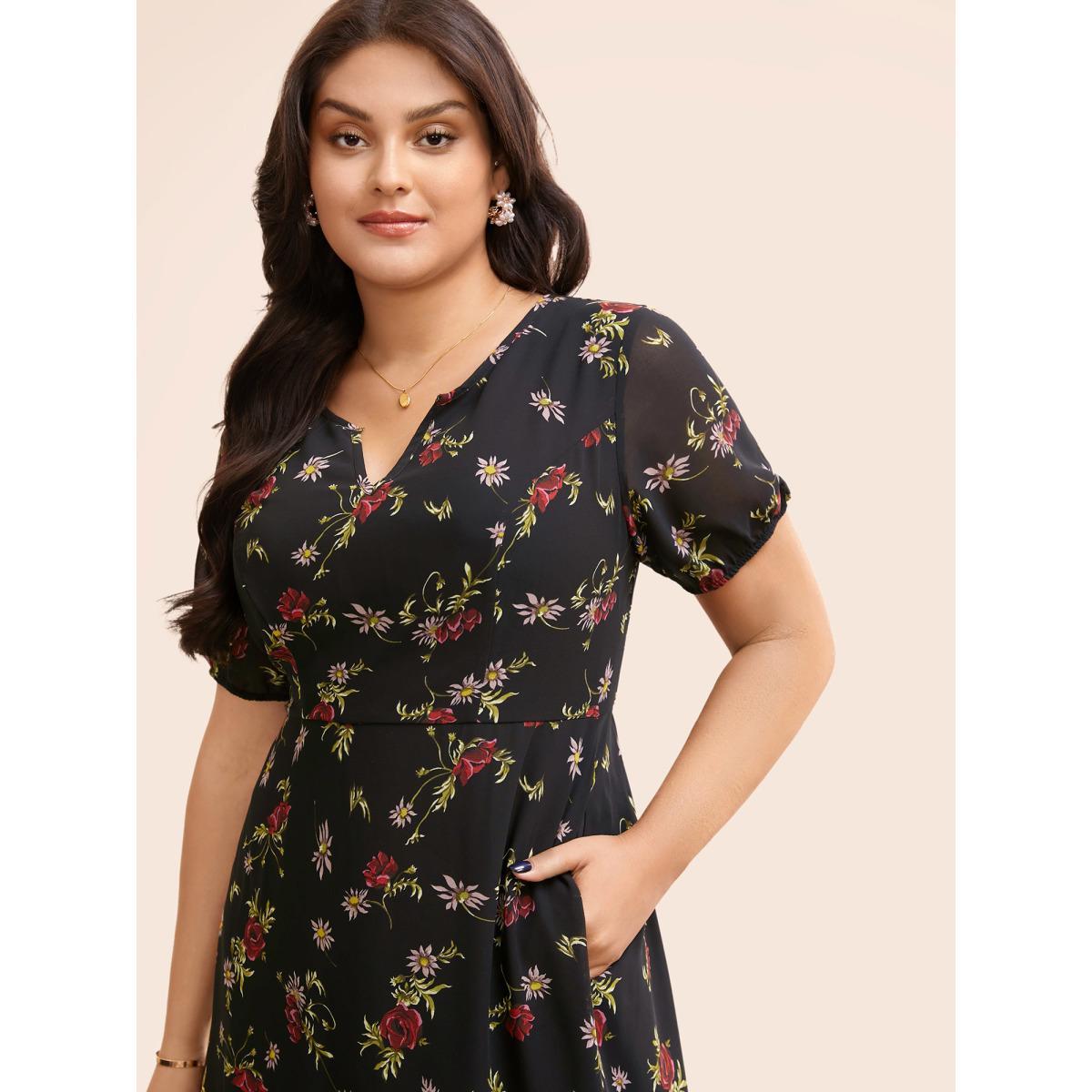 Plus Size Floral Notched Chiffon Mesh Midi Dress Black Women Elegant See through Notched collar Short sleeve Curvy BloomChic 10/M Product Image