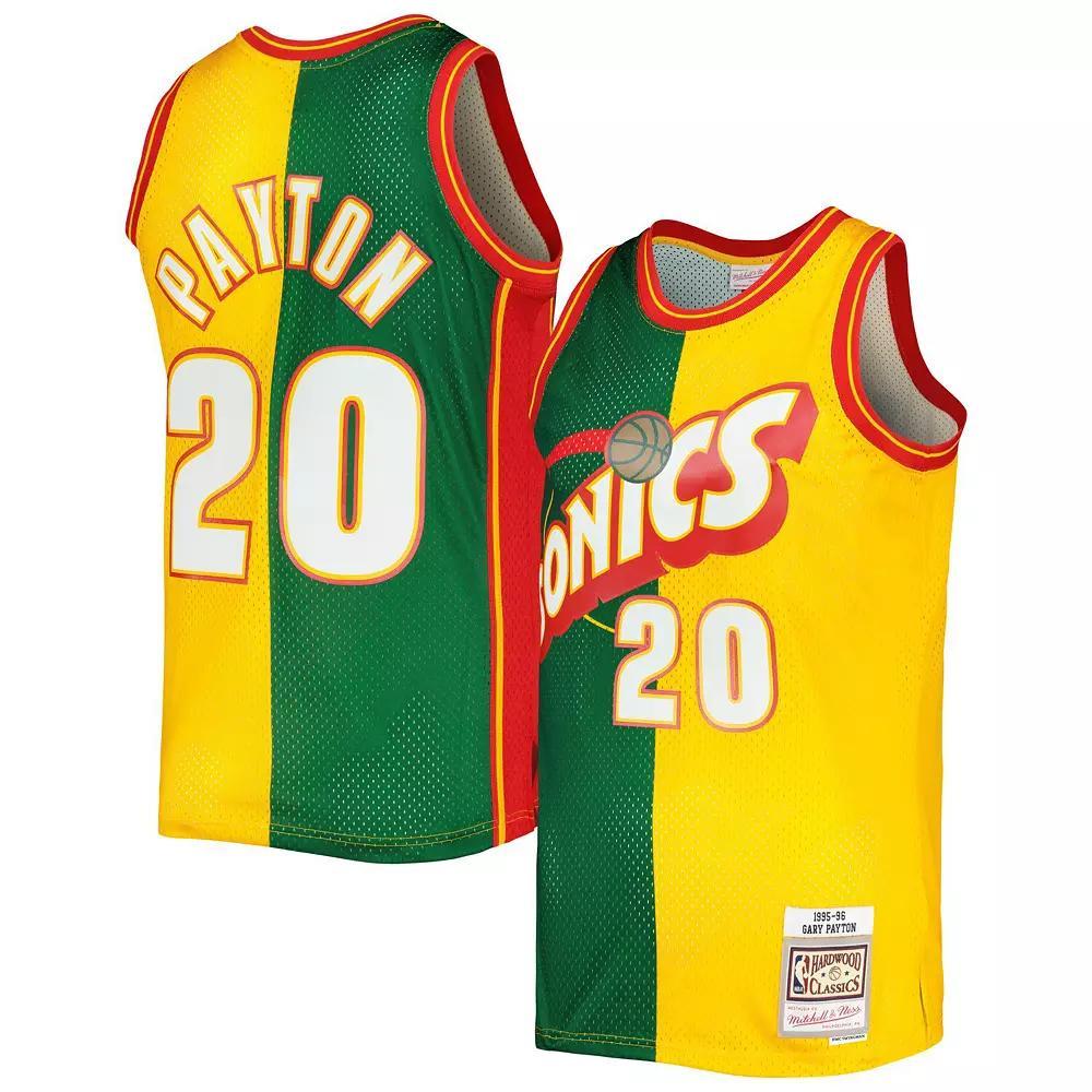 Men's Mitchell & Ness Gary Payton Green/Gold Seattle SuperSonics Hardwood Classics 1995-96 Split Swingman Jersey, Size: Medium, Nba Green Product Image