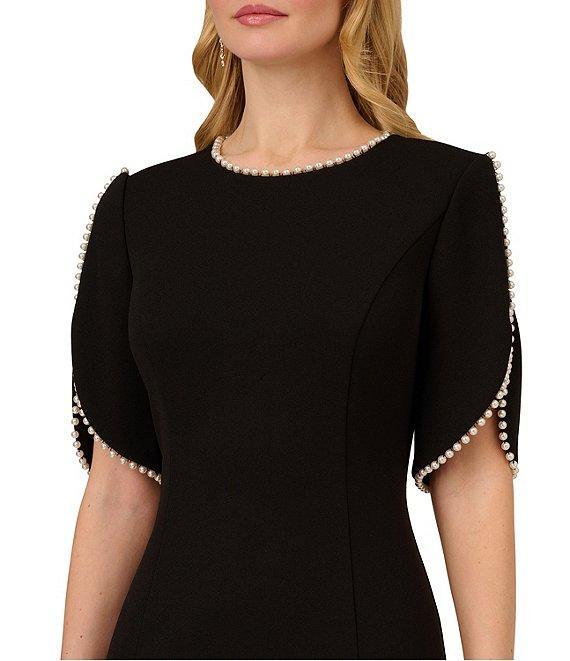 Adrianna Papell Stretch Crepe Crew Neck Short Sleeve Pearl Trim Knee Length Sheath Dress Product Image