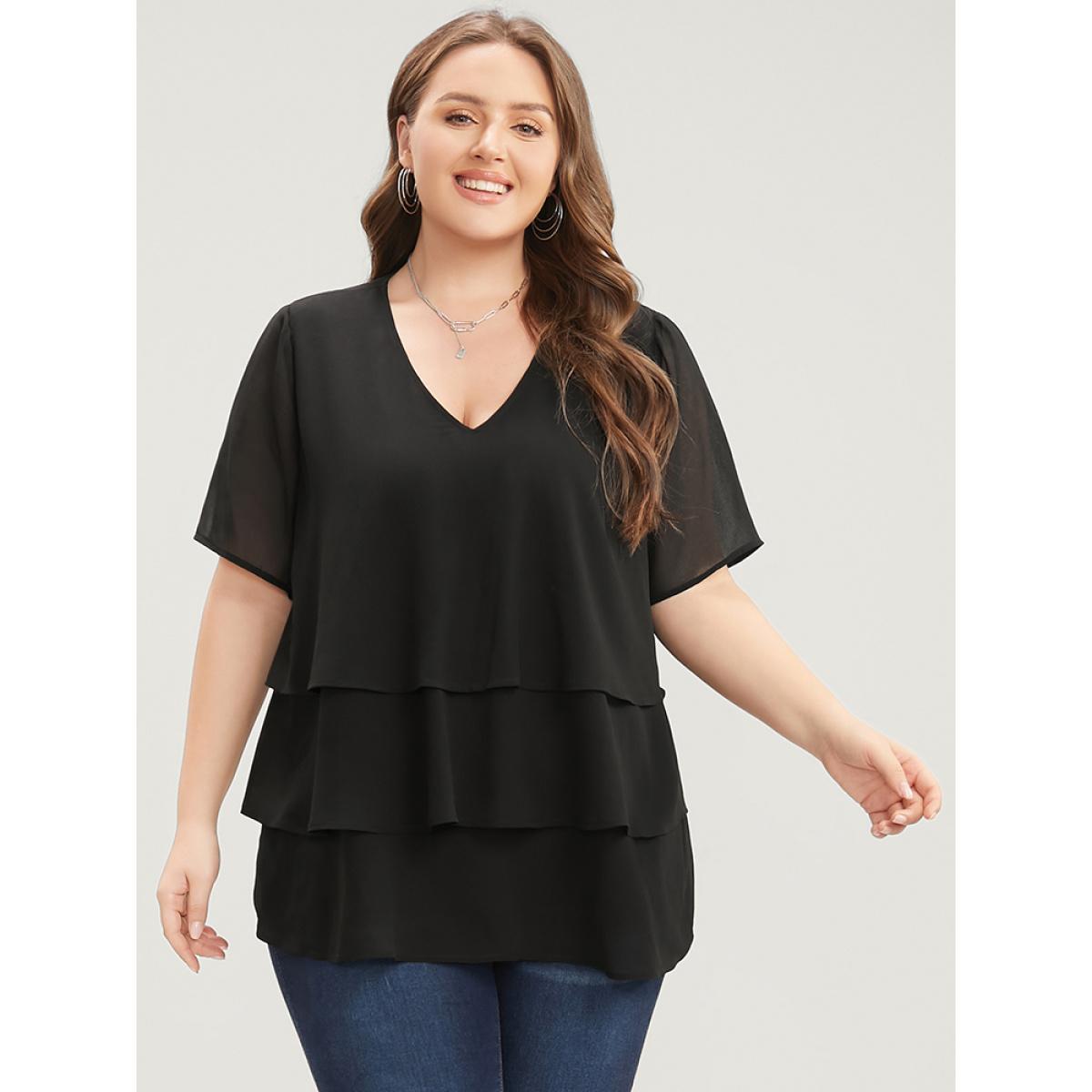 Plus Size Black Plain V Neck Mesh Ruffle Tiered Blouse Women Casual Short sleeve V-neck Dailywear Blouses BloomChic 28/5X Product Image