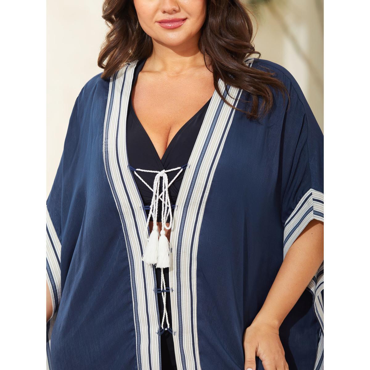 Plus Size Striped Hem Tassel Solid Kimono Women Indigo Tassels Loose Vacation Kimonos BloomChic 30/6X Product Image
