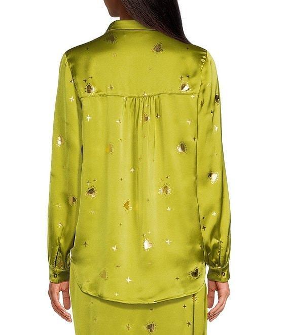Never Fully Dressed Gabbie Lime Hearts Satin Point Collar Neck Long Sleeve Button Front Top Product Image