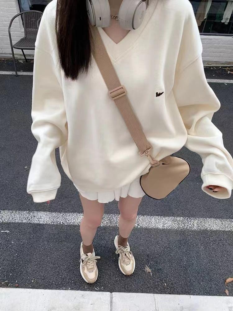 V-Neck Lettering Embroidered Sweatshirt Product Image