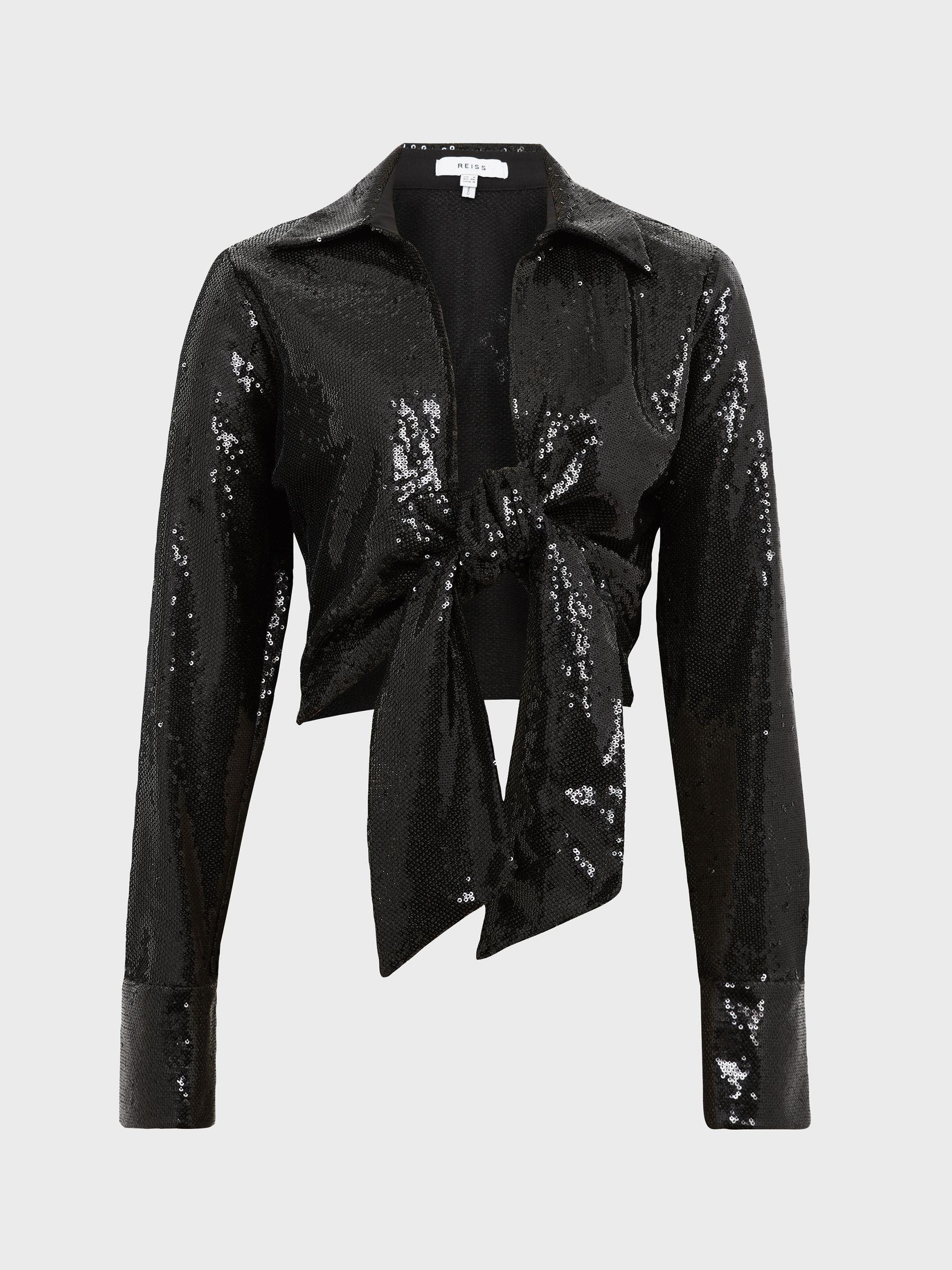 Tie Front Sequin Top in Black Product Image
