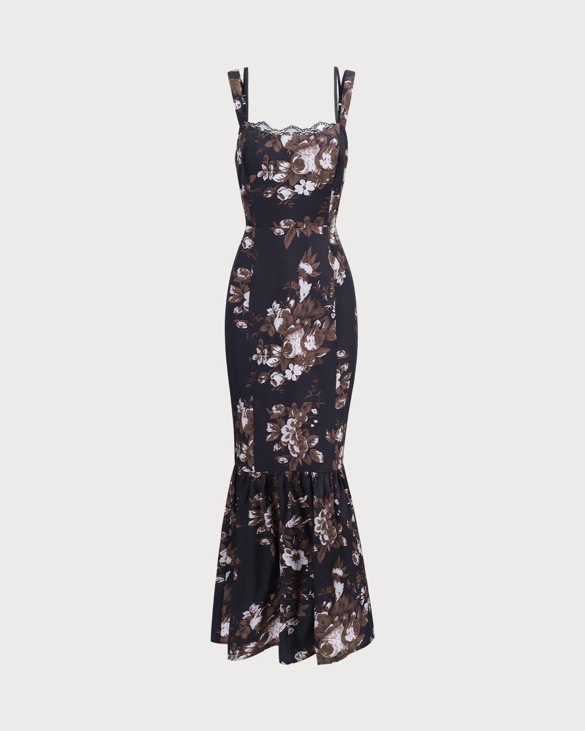 The Black Lace Trim Floral Mermaid Maxi Dress Product Image