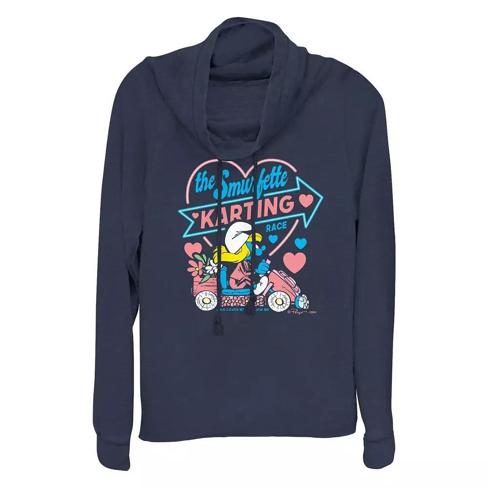 Women's Smurfs The Smurfette Karting Race Cowlneck Graphic Lightweight Long Sleeve, Size: XS, Blue Product Image