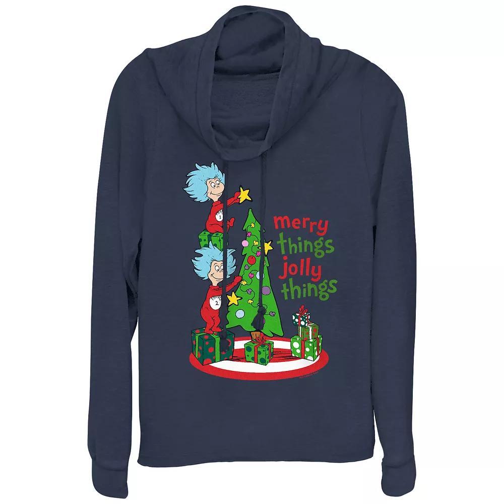 Women's Dr. Seuss Thing 1 And Thing 2 Merry Things Jolly Things Cowlneck Graphic Lightweight Long Sleeve, Size: XS, Blue Product Image