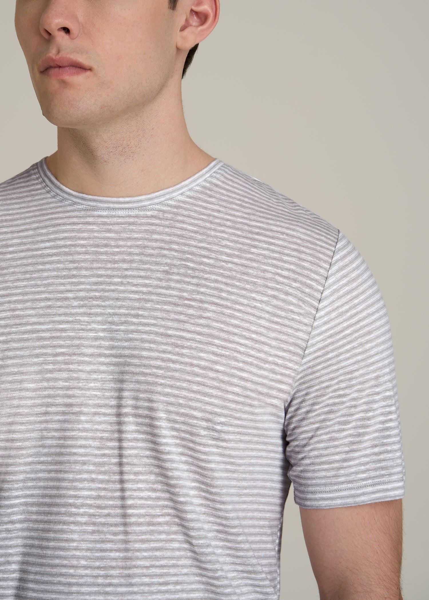 Linen Crewneck T-Shirt for Tall Men in Grey and White Mini Stripe Product Image