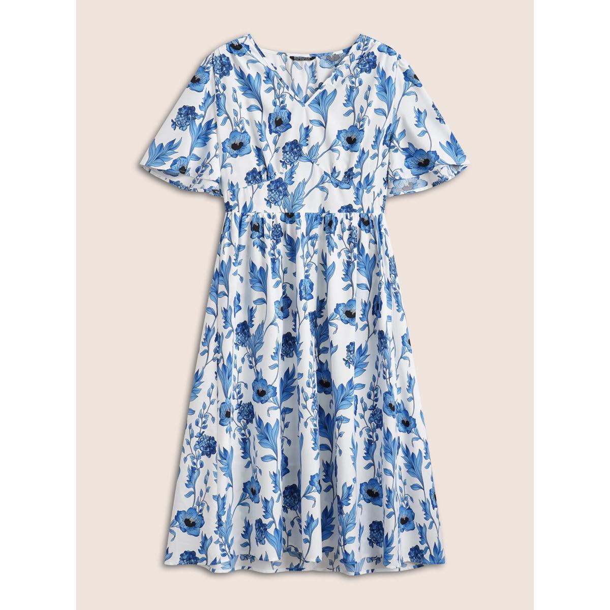 Plus Size Floral Pocket Shirred Elastic Waist Dress White Women Elegant Non V-neck Short sleeve Curvy Midi Dress BloomChic 18-20/2X Product Image