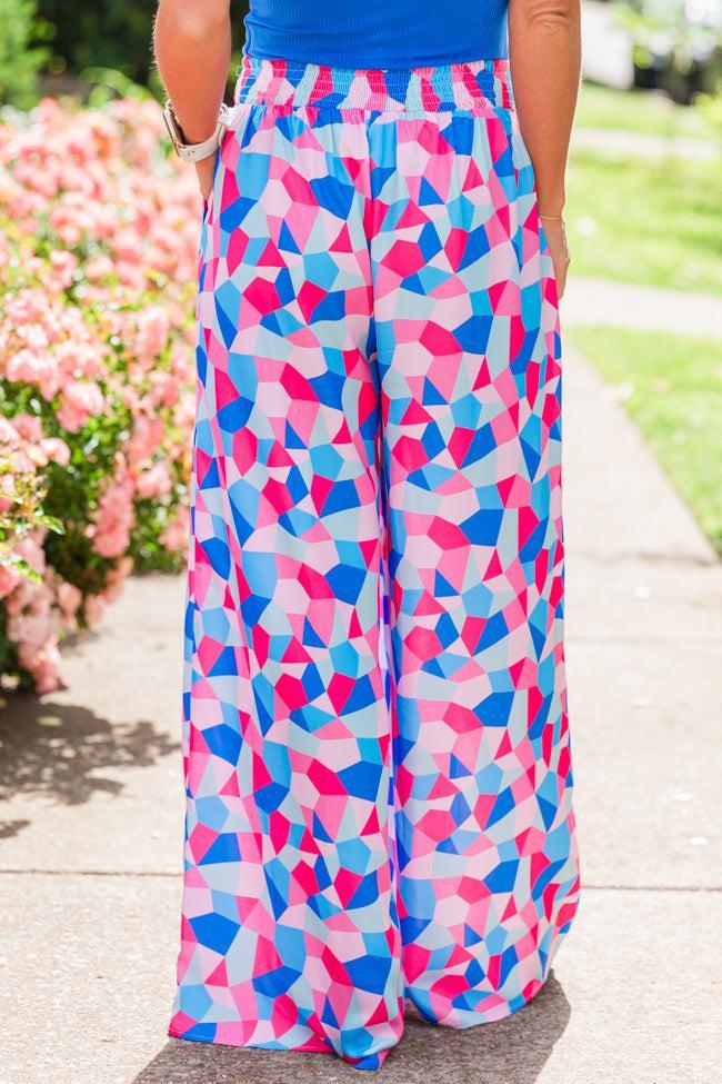 Fashionably Late Geometric Blue And Pink Belted Pants Product Image