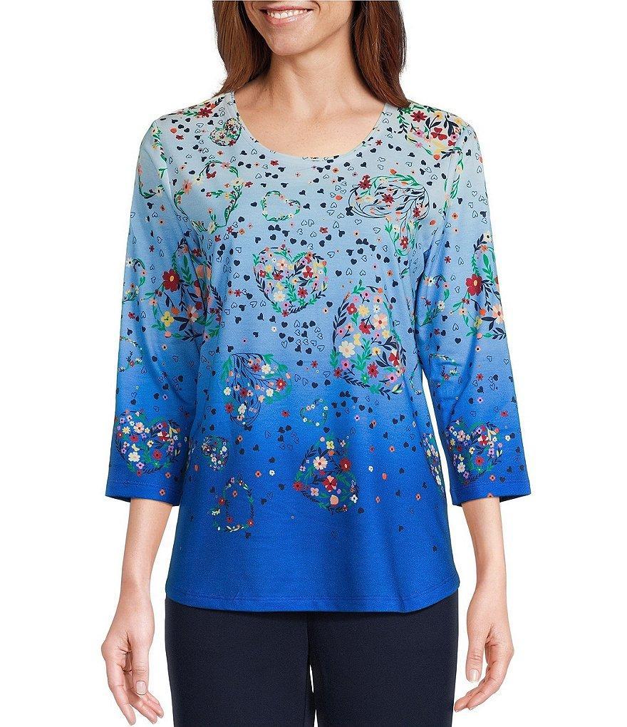 Allison Daley Floral Hearts Print 3/4 Sleeve Crew Neck Knit Top Product Image