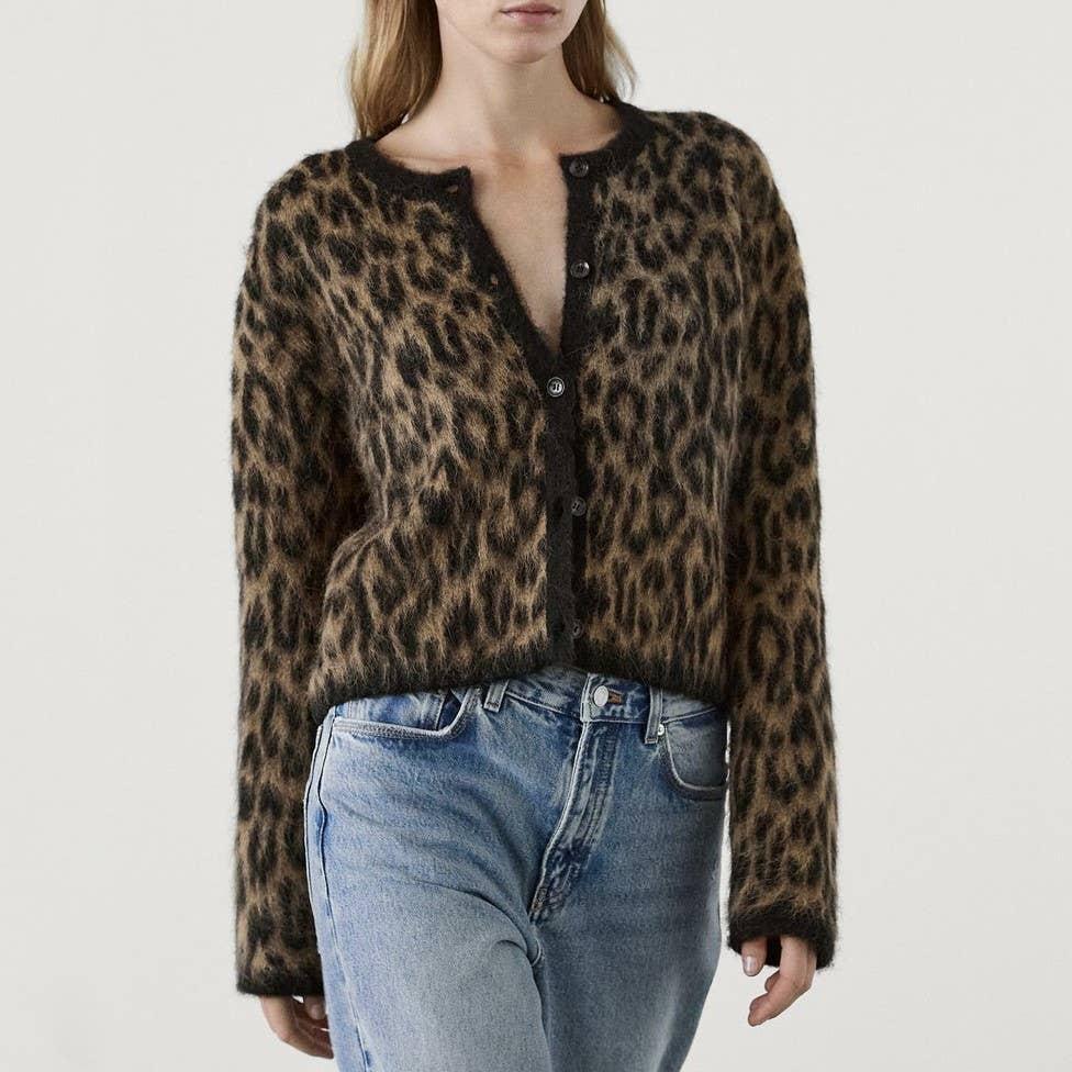 Stylish Casual Leopard-Print Knitted Cardigan Product Image