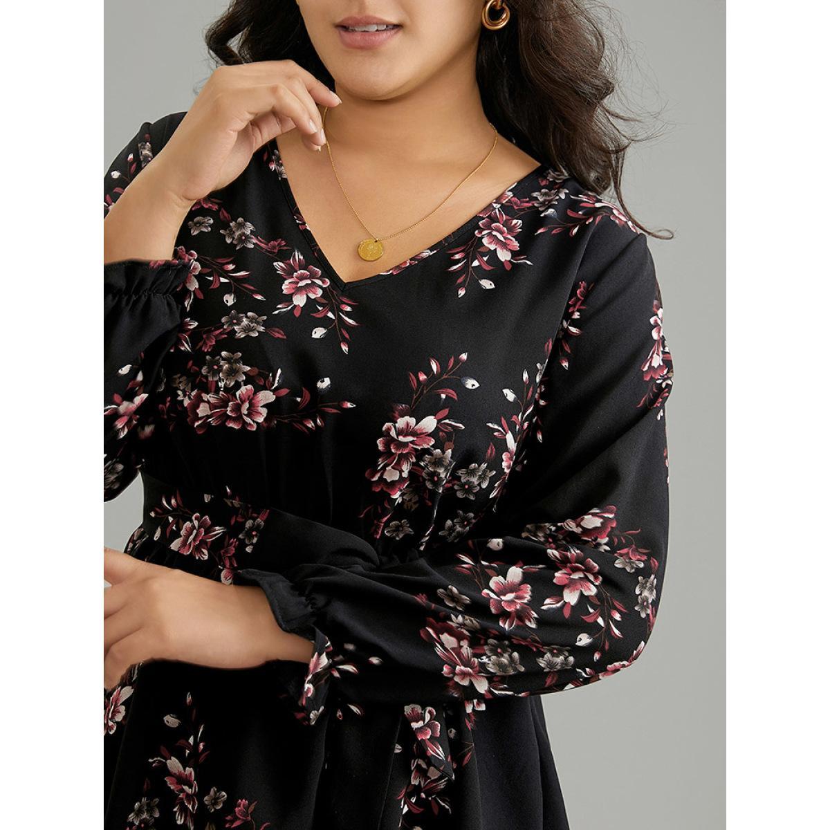 Plus Size BlackFlower Floral Elastic Waist Ruffles Ties Lantern Sleeve Blouse Women Elegant Long Sleeve V-neck Work Blouses BloomChic 18-20/2X Product Image
