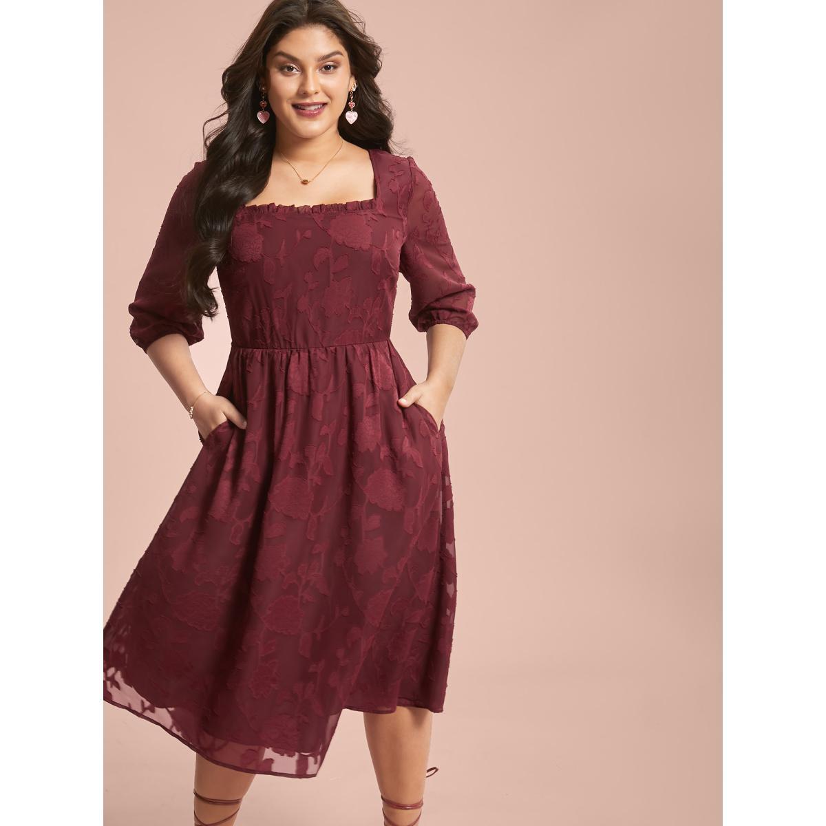 Plus Size Floral Frill Trim Stretchy-Waist Sheer Midi Dress Burgundy Women Elegant Texture Square Neck Elbow-length sleeve Curvy BloomChic 18-20/2X Product Image